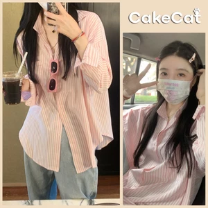 Áo Sơ Mi Kẻ Sọc To Tay Dài Dáng Freesz Chất Cotton Đũi Thoáng Mát Mùa Hè Sơ Mi Nữ Mặc Đi Chơi Đi Học Cakecat