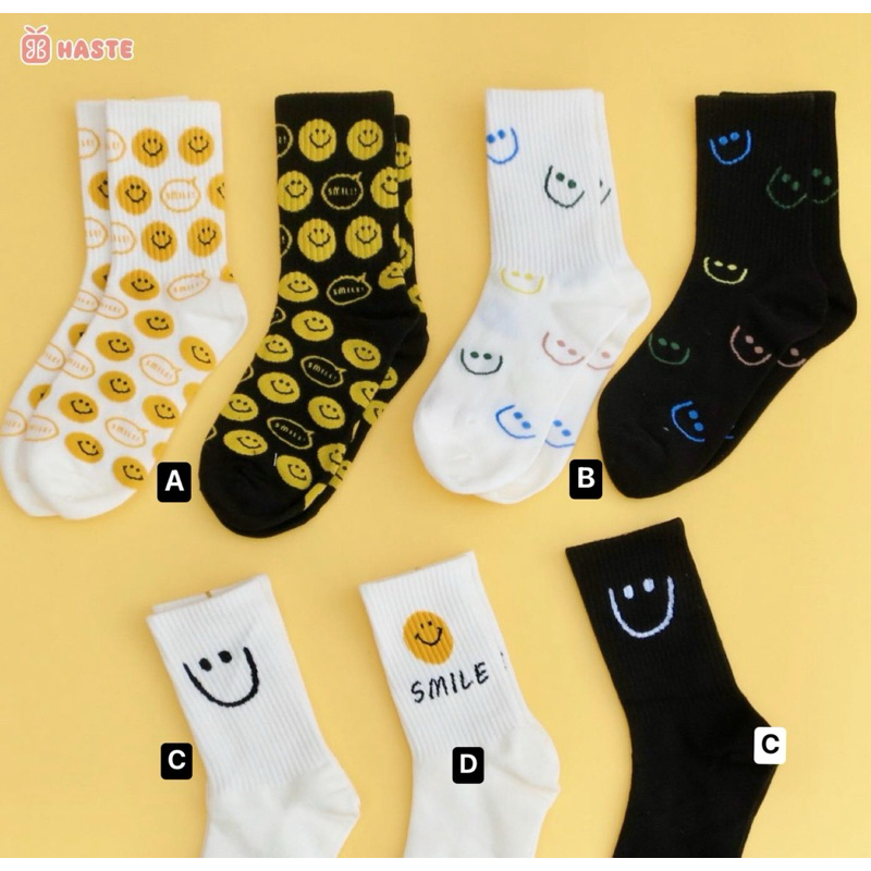 Tất Vớ Cổ Cao Unisex Smile Hình Mặt Cười Nhiều Hoạ Tiết Chất Cotton Co Dãn Thấm Hút Tốt Màu Trắng Đen