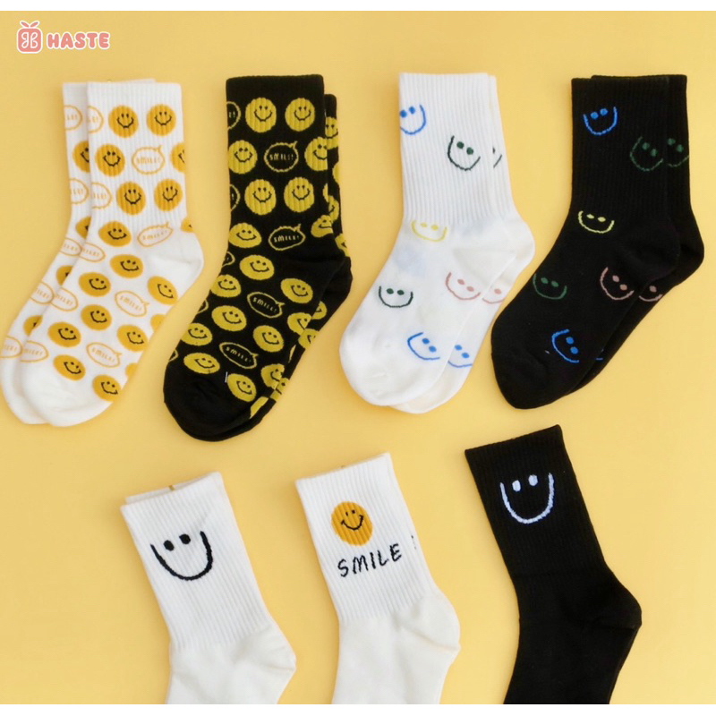 Tất Vớ Cổ Cao Unisex Smile Hình Mặt Cười Nhiều Hoạ Tiết Chất Cotton Co Dãn Thấm Hút Tốt Màu Trắng Đen
