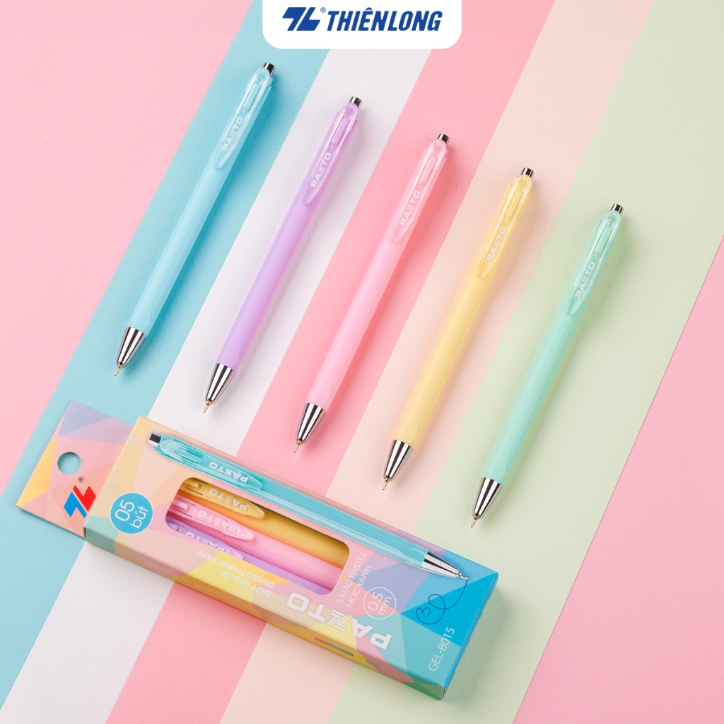 Ảnh Hộp 5 Bút gel bi Pazto Thiên Long Smooth Ink Pen ngòi 0.5mm - Mực xanh viết trơn êm, thân bút 5 màu tone pastel GEL-B015 2