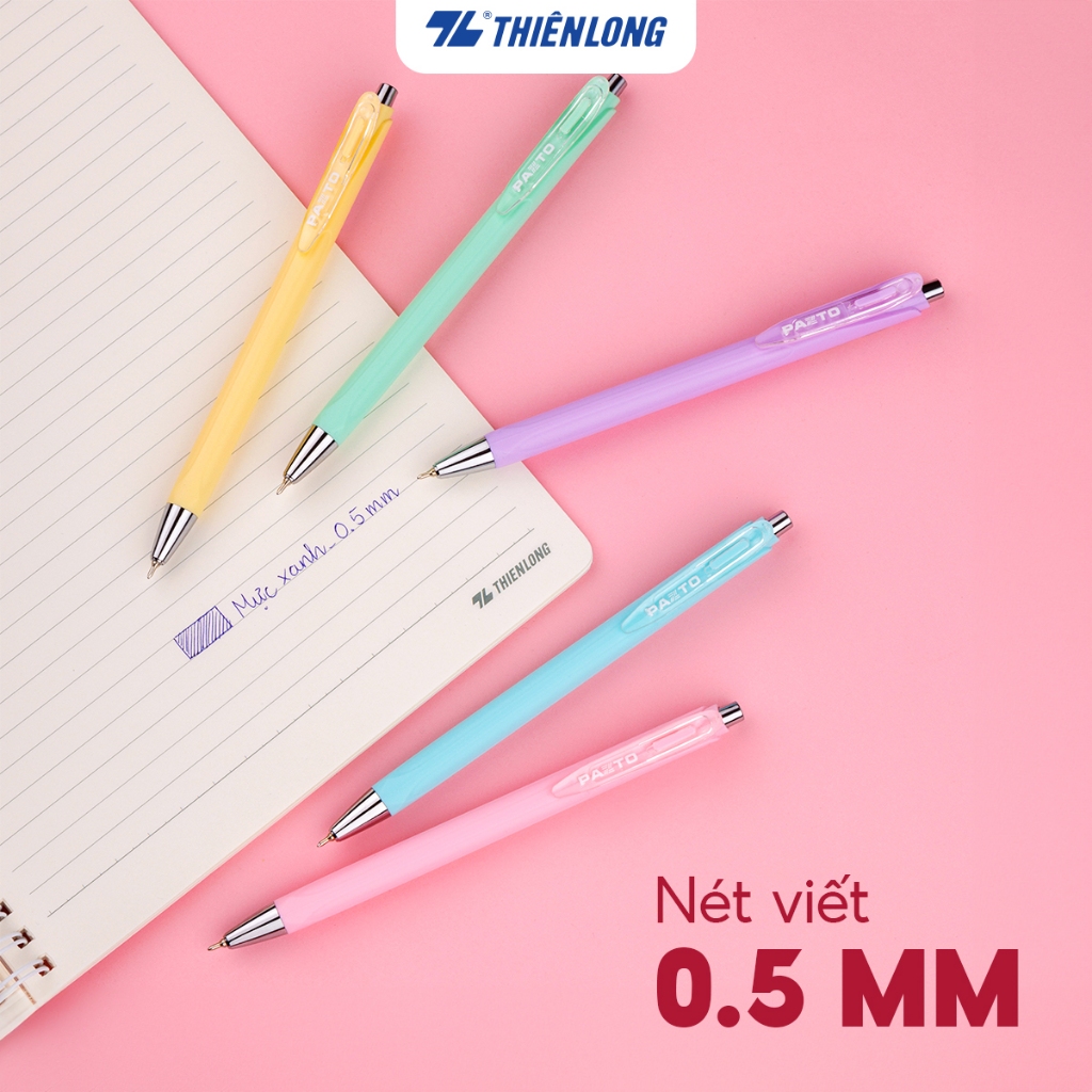 Ảnh Hộp 5 Bút gel bi Pazto Thiên Long Smooth Ink Pen ngòi 0.5mm - Mực xanh viết trơn êm, thân bút 5 màu tone pastel GEL-B015 3
