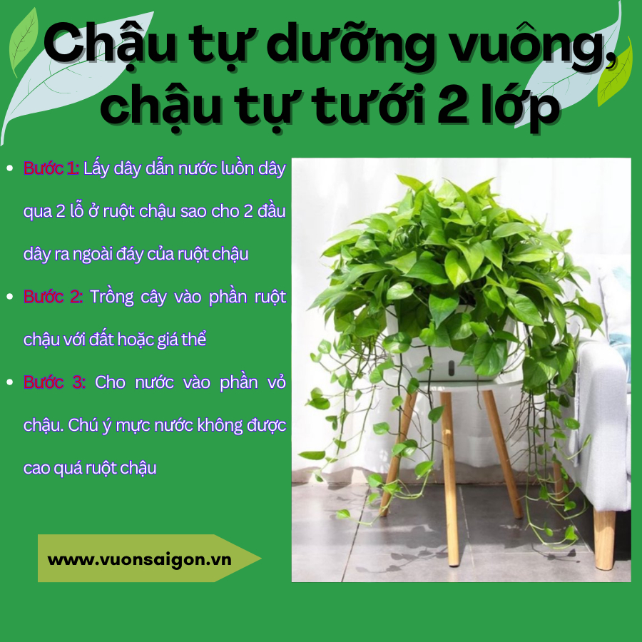 Chậu tự dưỡng vuông, chậu tự tưới 2 lớp_ ( G113 B&W) 4