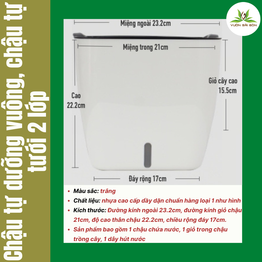 Chậu tự dưỡng vuông, chậu tự tưới 2 lớp_ ( G113 B&W) 2