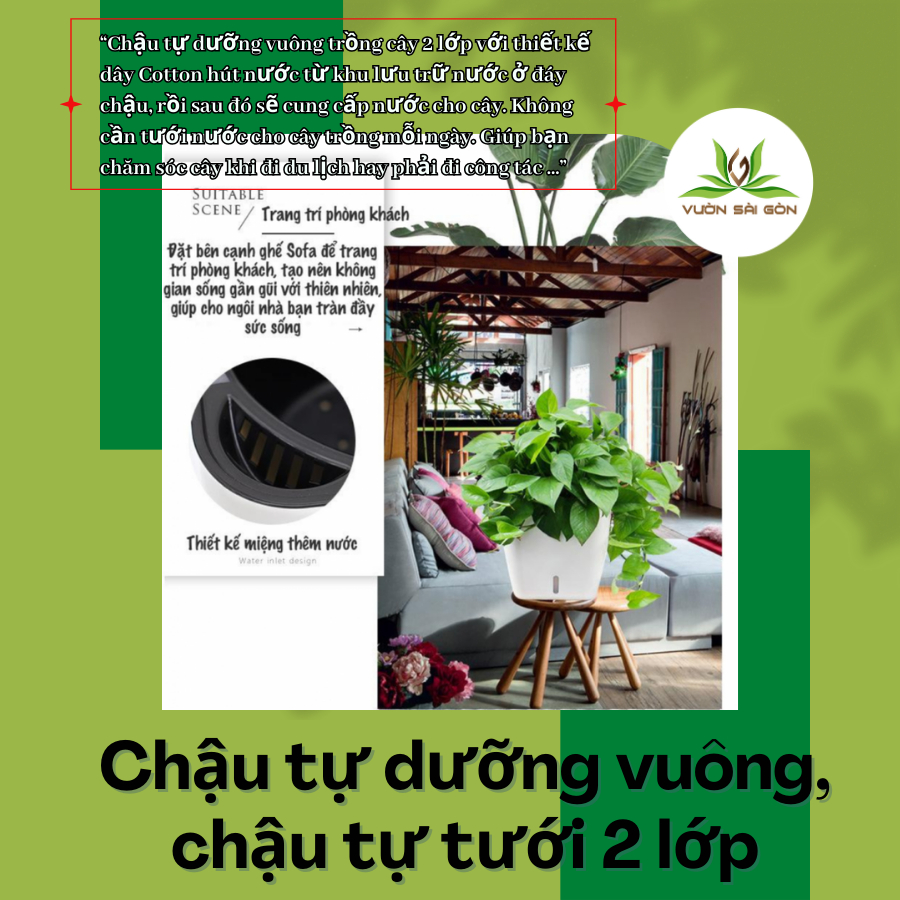 Chậu tự dưỡng vuông, chậu tự tưới 2 lớp_ ( G113 B&W) 5