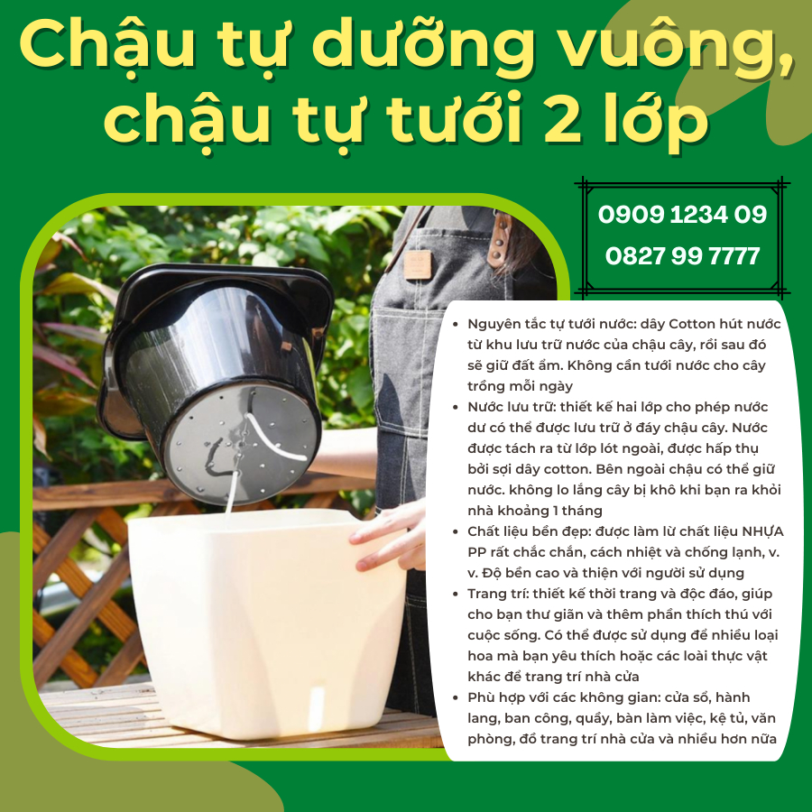 Chậu tự dưỡng vuông, chậu tự tưới 2 lớp_ ( G113 B&W) 3