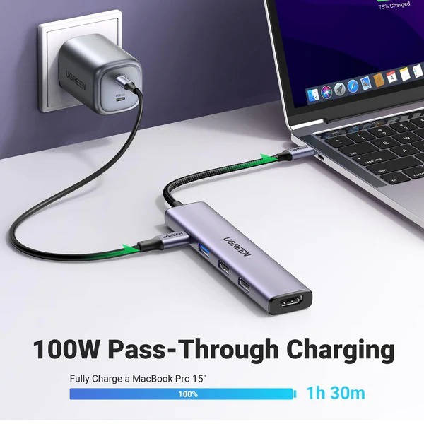 Hub Type C to HDMI Ugreen 5in1 4K30Hz USB 3.0 PD100W 15495 cổng chuyển đổi Type-c cho Macbook iPad Laptop Dell XPS | BigBuy360 - bigbuy360.vn