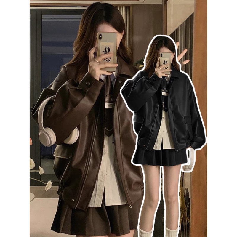 Áo khoác bomber da pu retro dáng rộng túi hộp hàng cao cấp - áo khoác đa năng vintage thời trang nam nữ