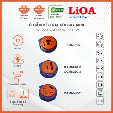 Ổ Cắm Kéo Dài Quay Tay Rulo Kiểu Đĩa Bay Mini LiOA. Công Suất 10A, Có Ổ Cắm Đa Năng/ TypeA Type C