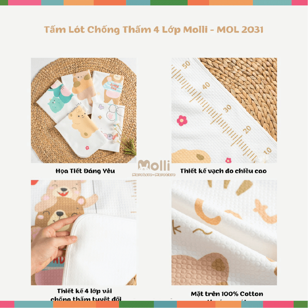 Tấm Lót Chống Thấm 4D Molli Cho Bé Sơ Sinh thoáng khí, êm ái 50cmx70cm - Tấm Lót Chống Thấm Phong Cách Hàn Cho Bé