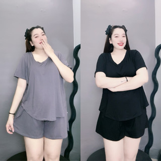 Đồ Bộ Bigsize nữ áo thun cổ tim kèm quần đùi co giãn tốt chất cotton lạnh mềm mát Đậu Clothing-SET901