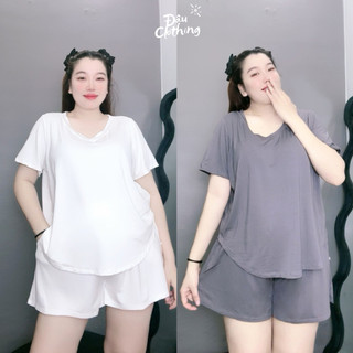 Đồ Bộ Bigsize nữ áo thun cổ tim kèm quần đùi co giãn tốt chất cotton lạnh mềm mát Đậu Clothing-SET901