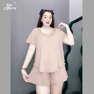 Đồ Bộ Bigsize nữ áo thun cổ tim kèm quần đùi co giãn tốt chất cotton lạnh mềm mát Đậu Clothing-SET901