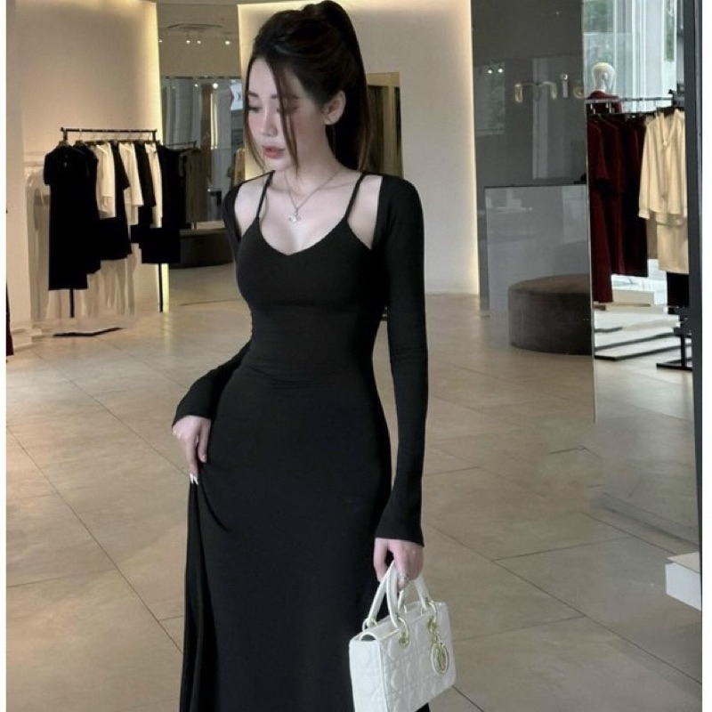 Đầm tay dài cổ yếm thiết kế phom dài maxi tôn dáng xinh xắn thời trang