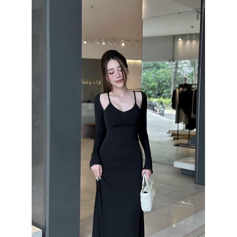 Đầm tay dài cổ yếm thiết kế phom dài maxi tôn dáng xinh xắn thời trang