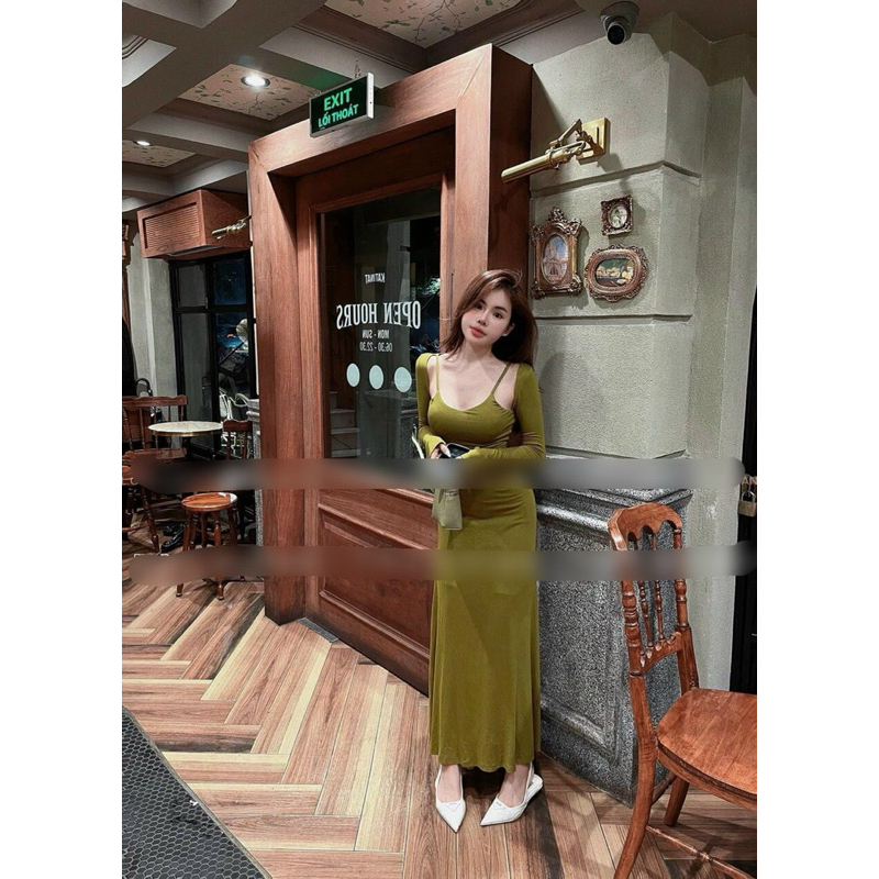 Đầm tay dài cổ yếm thiết kế phom dài maxi tôn dáng xinh xắn thời trang