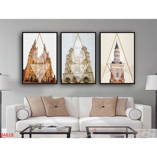 Tranh Treo Tường Trang Trí Phòng Khách Phong Cách Bắc Âu Bộ 3 Tấm 01 (50x70x3cm) - Tranh Laminate Tráng Gương