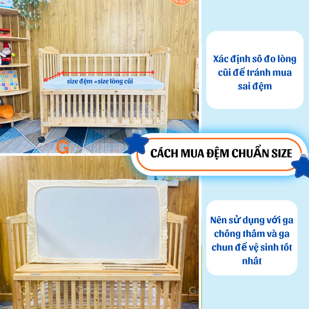 Ảnh Đệm Cũi Cho Bé GOLDCAT Cắt May Theo Yêu Cầu, Chất Liệu Bông Ép, Độ Dày Tiêu Chuẩn 5cm, Thoáng Khí, Đàn Hồi Tốt 2