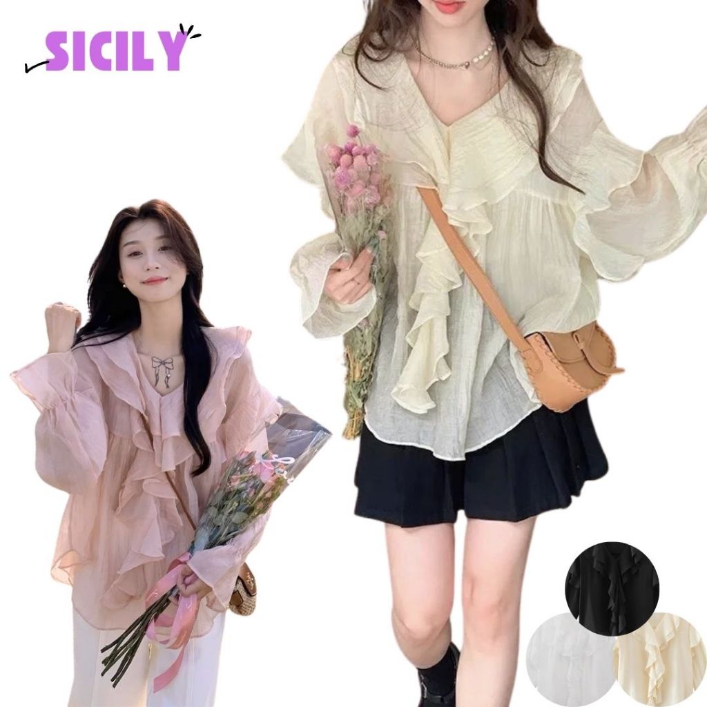 Áo sơ mi nữ tay dài Sicily cổ bèo rủ tay ống loe SMB108
