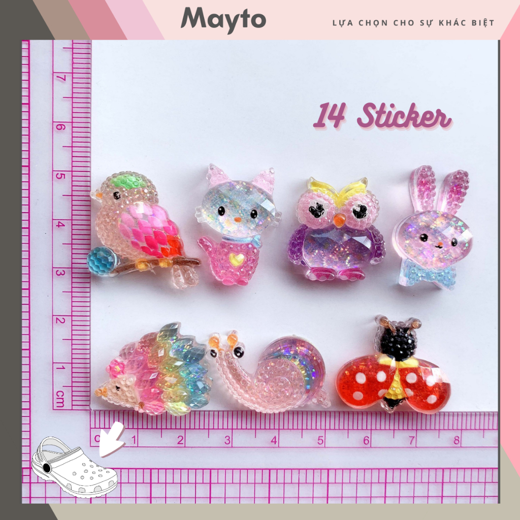 Bộ 14 Sticker, Charm 3D chủ đề Cú lấp lánh DIY Mayto nhựa cứng gắn Dép ...