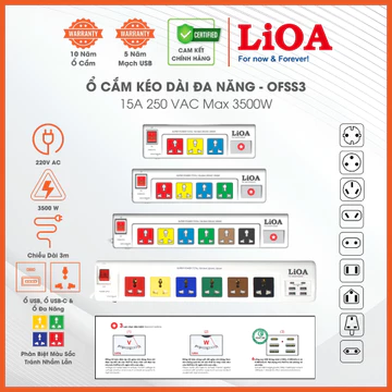 Ổ Cắm Kéo Dài Trung Tâm LiOA. Loại Ổ Cắm Đa Năng Kết Hợp Cùng Ổ USB Hoặc Đồng Hồ Báo Điện Áp Hoặc Vol. Max 3500W