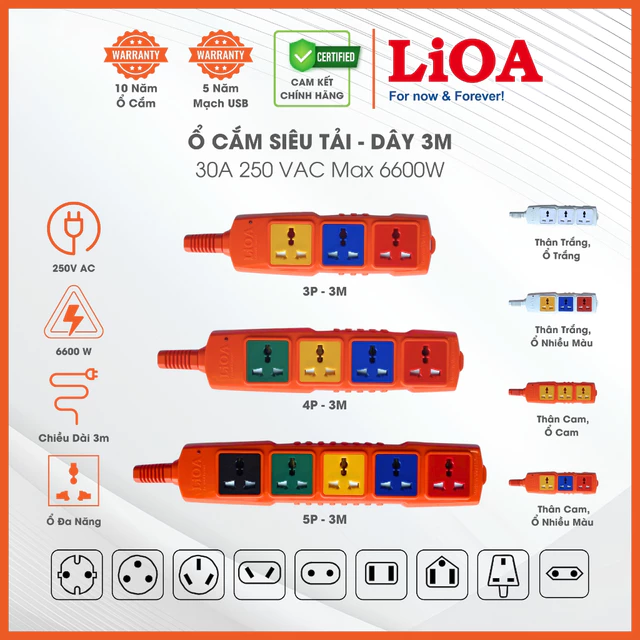 Ổ Cắm Điện Kéo Dài Siêu Tải Đa Năng LiOA. Dây Dài 3m. Công suất 5000W. 3 ổ, 4 ổ, 5 ổ. Dây 2 lõi, 3 lõi. Bảo Hành 10 Năm.