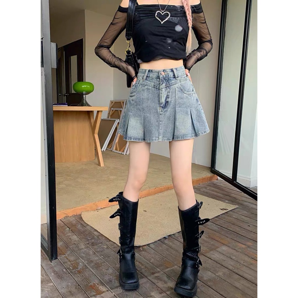 Chân Váy Jean Xếp Li Dáng Chữ A, Váy Bò Ngắn Có Lót Trong Hót Trend Cho Nữ