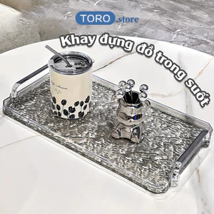 Khay Đựng Đồ Trong Suốt TORO Chất Liệu Nhựa Acrylic Cứng Cáp, Khay Úp Ly Cốc Có Tay Cầm Mạ Bạc Siêu Đẹp