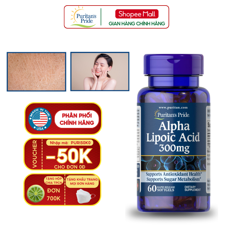 Chống Lão Hóa, Giảm Tàn Nhang Puritan's Pride Alpha Lipoic Acid 300mg 