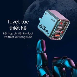 Cốc sạc siêu nhanh 3 cổng WK Design WP-U156 GaN sạc cả laptop hỗ trợ typeC 65W và USB 22.5W - thiết kế trong suốt (xám)