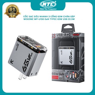 Cốc sạc siêu nhanh 3 cổng WK Design WP-U156 GaN sạc cả laptop hỗ trợ typeC 65W và USB 22.5W - thiết kế trong suốt (xám)