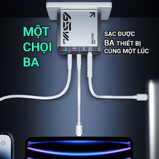 Cốc sạc siêu nhanh 3 cổng WK Design WP-U156 GaN sạc cả laptop hỗ trợ typeC 65W và USB 22.5W - thiết kế trong suốt (xám)