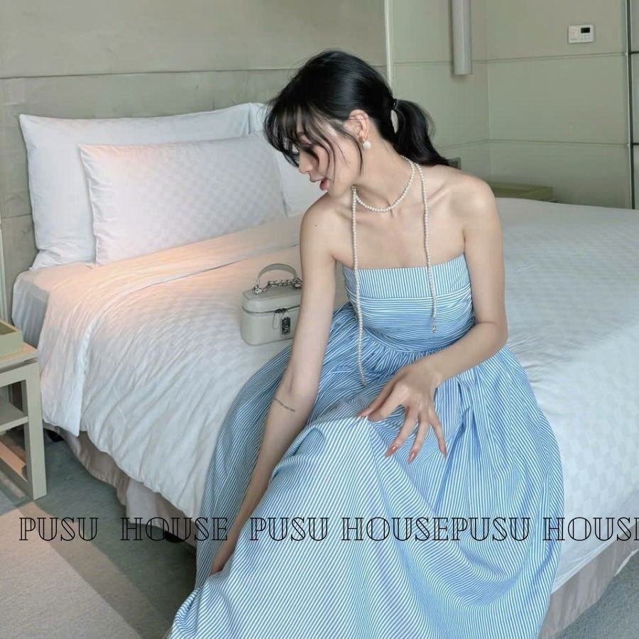 [ HÀNG THẬT 100%] Đầm tiểu thư dạo phố trẻ trung xanh trời phối sọc trắng cúp n.g.ự.c