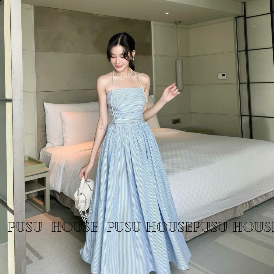 [ HÀNG THẬT 100%] Đầm tiểu thư dạo phố trẻ trung xanh trời phối sọc trắng cúp n.g.ự.c