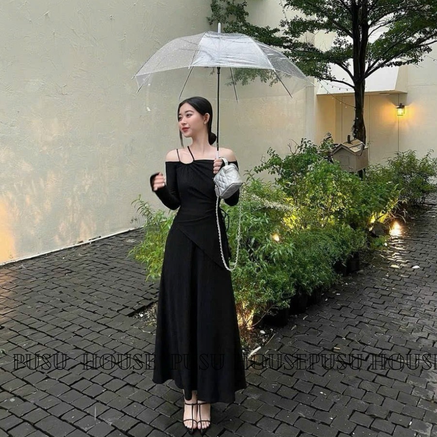 [ HÀNG THẬT 100%] Set áo trễ vai khoét eo+ chân váy dài màu đen dạo phố công sở đi tiệc trẻ trung , nữ tính