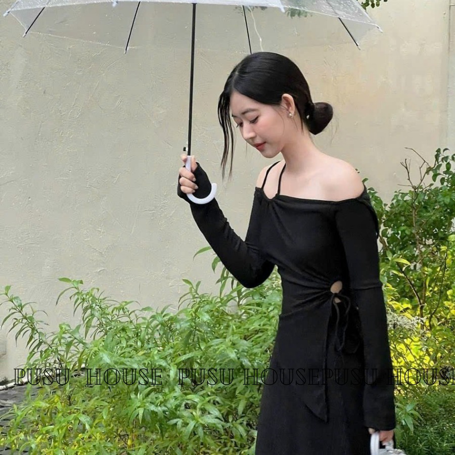 [ HÀNG THẬT 100%] Set áo trễ vai khoét eo+ chân váy dài màu đen dạo phố công sở đi tiệc trẻ trung , nữ tính