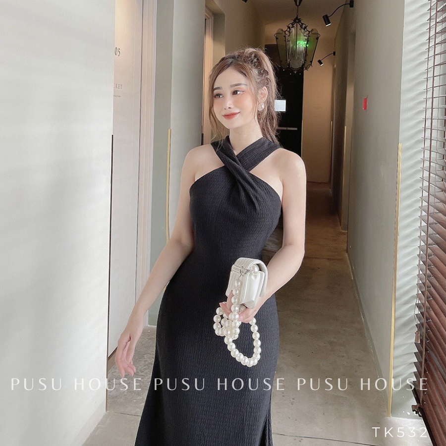 [ HÀNG THẬT 100%] Đầm thun xốp mịn cổ yếm xoắn đuôi cá dự tiệc nữ , dạo phố