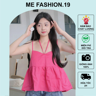 Áo 2 dây đi biển màu hồng dáng babydoll cổ buộc dây dây vai có chốt điều chỉnh phong cách Hàn Quốc