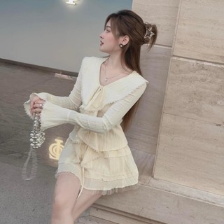 Sét áo váy đũi nữ tính NPsp, set bộ đồ nữ bánh bèo phối ren áo buộc dây kèm chân váy xòe có quần trong