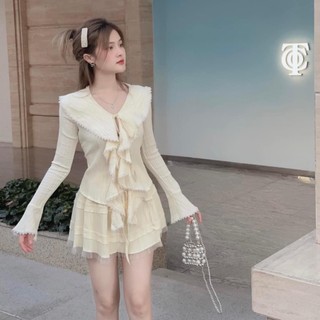 Sét áo váy đũi nữ tính NPsp, set bộ đồ nữ bánh bèo phối ren áo buộc dây kèm chân váy xòe có quần trong
