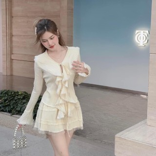 Sét áo váy đũi nữ tính NPsp, set bộ đồ nữ bánh bèo phối ren áo buộc dây kèm chân váy xòe có quần trong