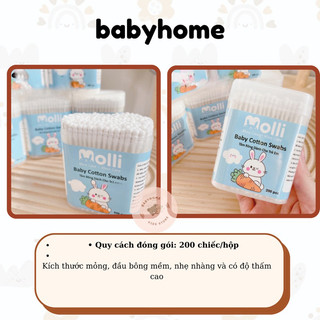 Tăm Bông Sơ Sinh Molli Thân Giấy Kháng Khuẩn Hộp 200 cái