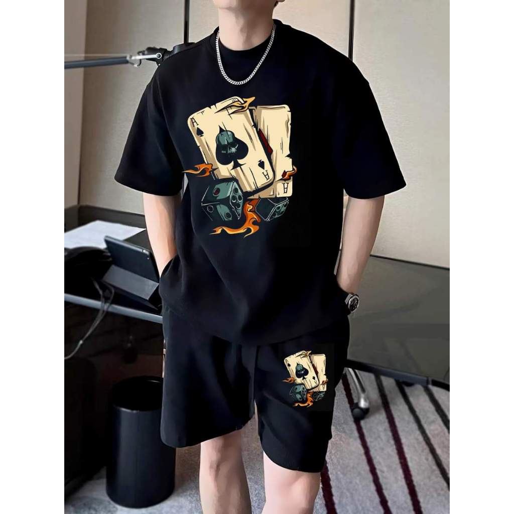 Set Thể Thao Nam Lá Bài Xúc Xắc Phong Cách Cá Tính Trẻ Trung Chất Liệu Vải Cotton Khô Mềm Mại Thoáng Mát Thấm Mồ Hôi