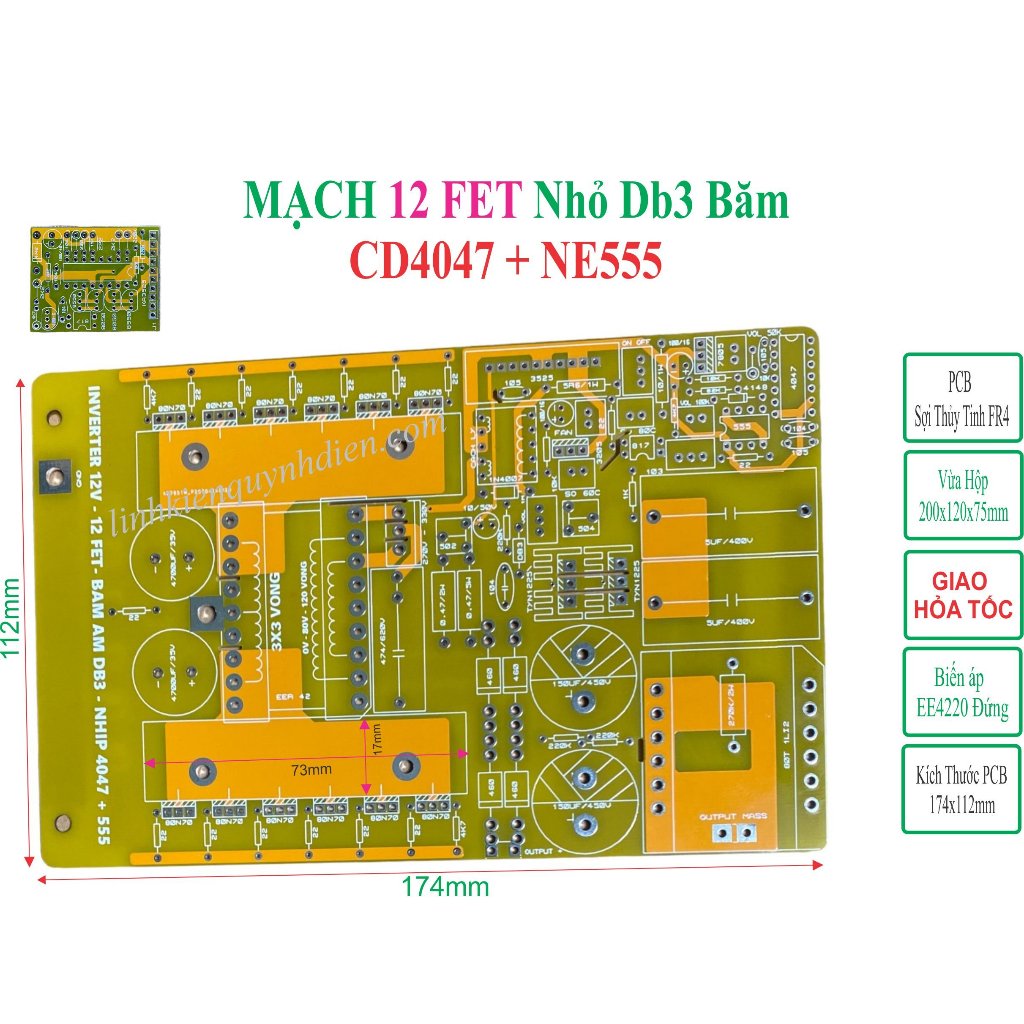 PCB 12 fet Cách li bo mạch k.ích đ.iện băm DB3 trộ 4047 + 555 Phíp FR4 ...