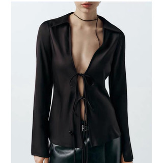 áo sơ mi Zara made in Morocco lụa trơn buộc dây sexy