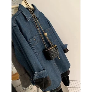 Nhung dày màu xanh denim áo sơ mi nữ mùa thu đông retro tính khí áo ấm dáng rộng đa năng thường ngày hợp thời trang