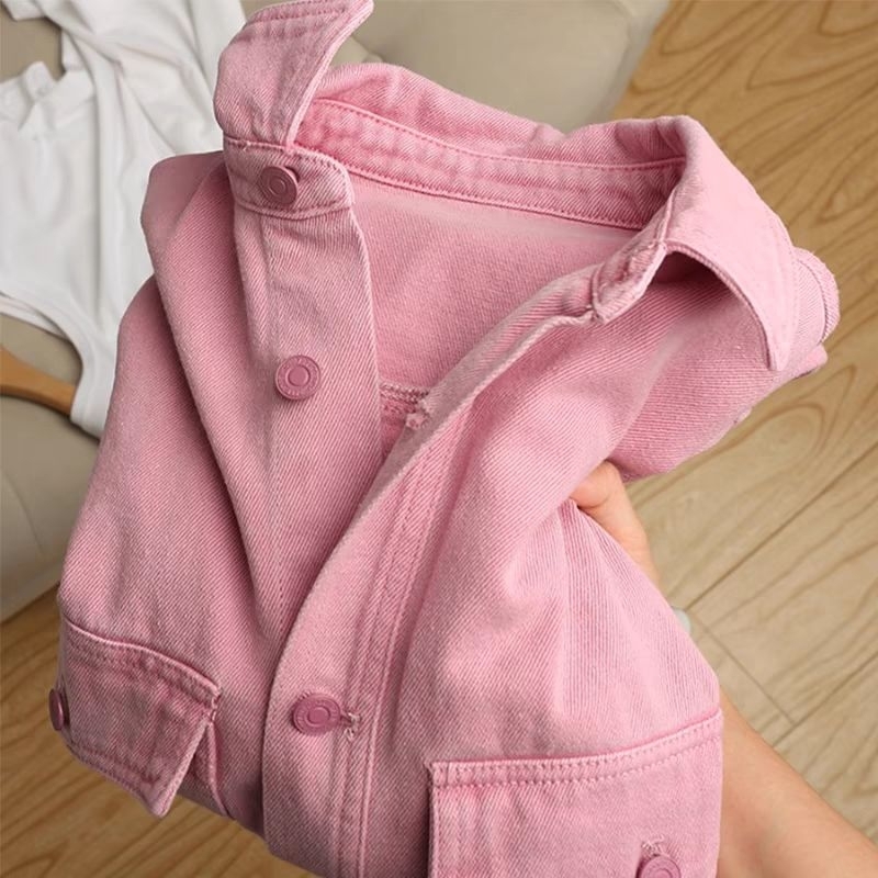 Áo khoác sơ mi denim màu hồng châu Âu dành cho nữ 2024 mùa xuân thu mới phong cách Hàn Quốc