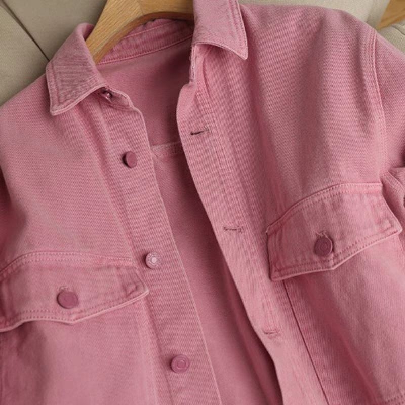 Áo khoác sơ mi denim màu hồng châu Âu dành cho nữ 2024 mùa xuân thu mới phong cách Hàn Quốc