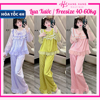Đồ ngủ nữ 40-60kg, pijama dài tay voan cổ tròn viền bèo lụa xước mềm mát 60DD54, đồ bộ nữ đồ mặc nhà tiểu thư trơn