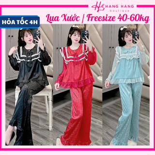 Đồ ngủ nữ 40-60kg, pijama dài tay voan cổ tròn viền bèo lụa xước mềm mát 60DD54, đồ bộ nữ đồ mặc nhà tiểu thư trơn