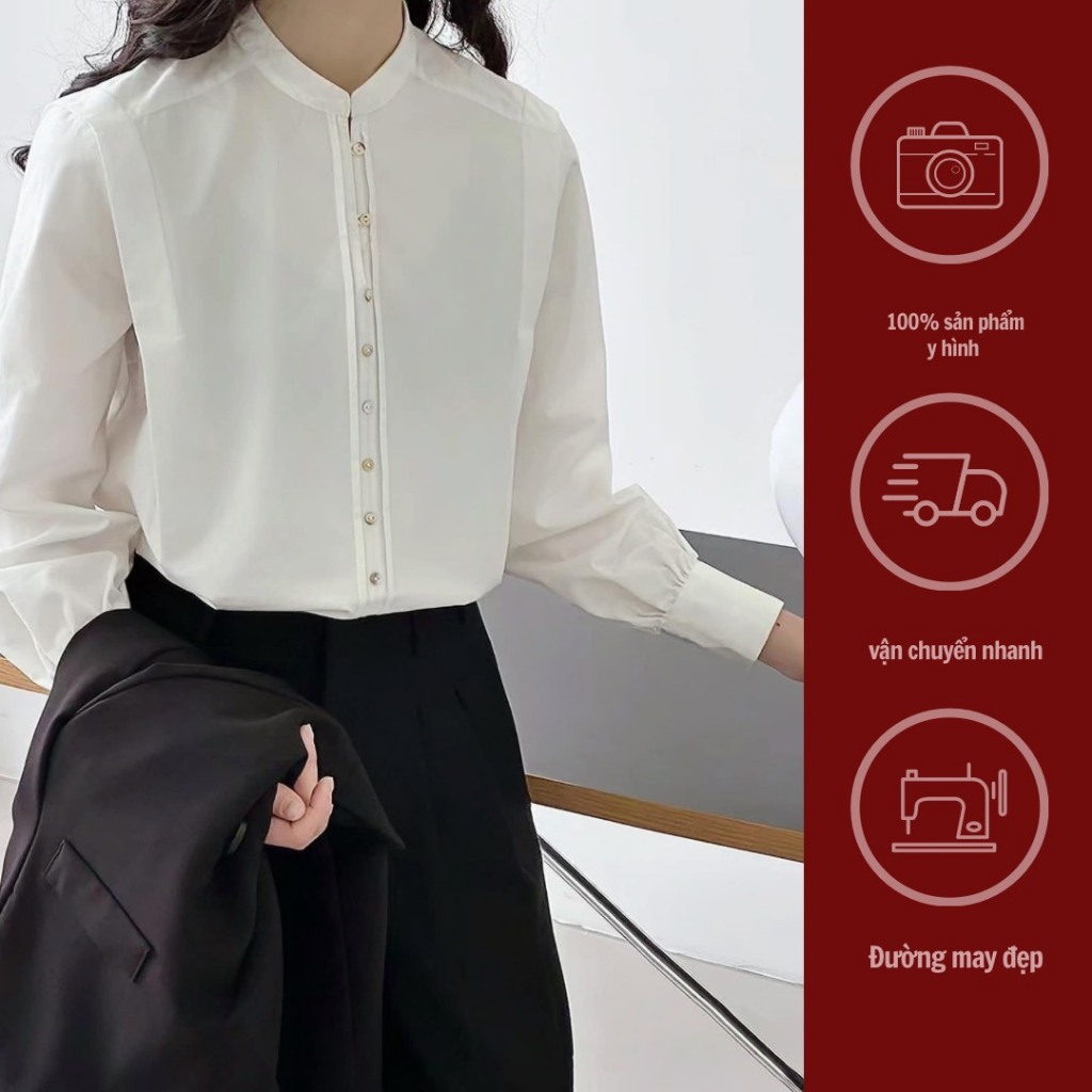 GINKO CLOTHING_Áo Sơ Mi Công Sở Nữ Cổ Tàu Phối Cúc Xà Cừ SM2402
